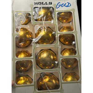 Vtg 12 Holly Glass 2 1/4"  GOLD  w Silver Caps Blown Glass Christmas Ornaments
